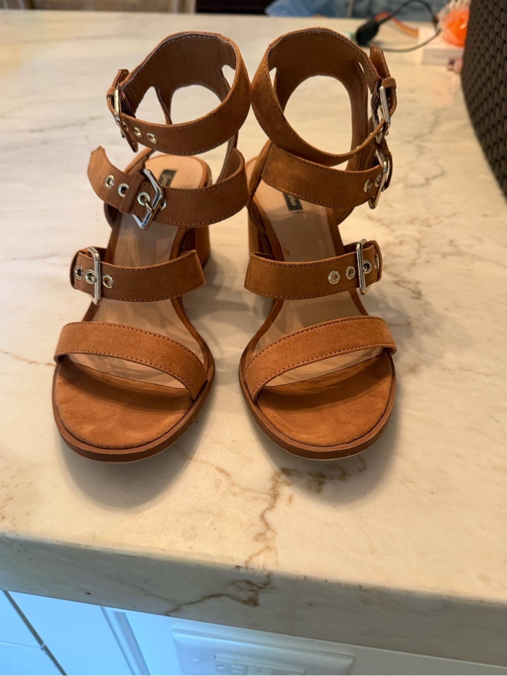 stradivarius Cognac Multi-Buckle Block Heel Sandals